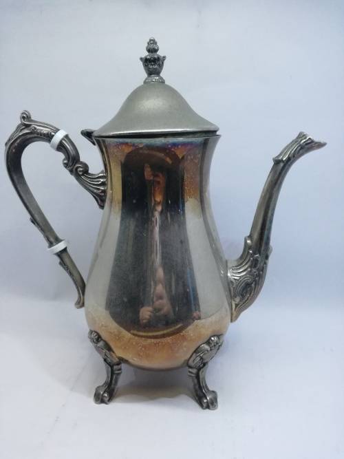 Lovely worn silver on copper coffee pot - spout damage