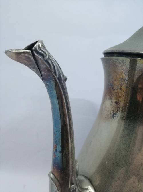 Lovely worn silver on copper coffee pot - spout damage