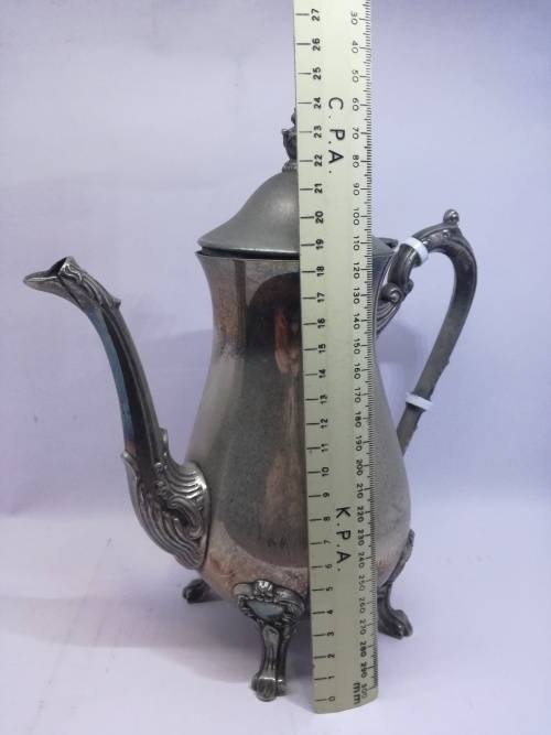 Lovely worn silver on copper coffee pot - spout damage