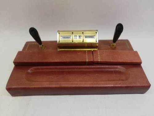 VINTAGE date, day and month calendar with pen holders and letter opener. Leather made in SA