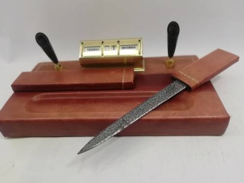 VINTAGE date, day and month calendar with pen holders and letter opener. Leather made in SA