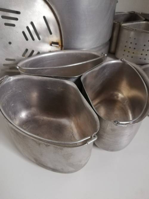 Vintage aluminum stock pot with small triangle pots to fit inside! Heavy duty