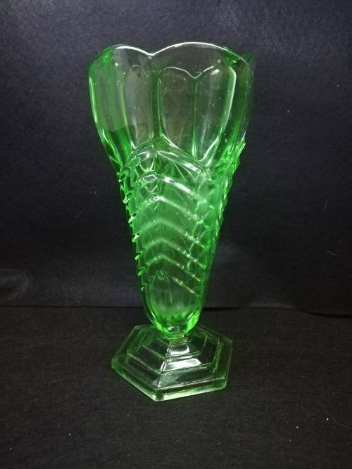 Art Deco green Uranium glass vase Chevron design