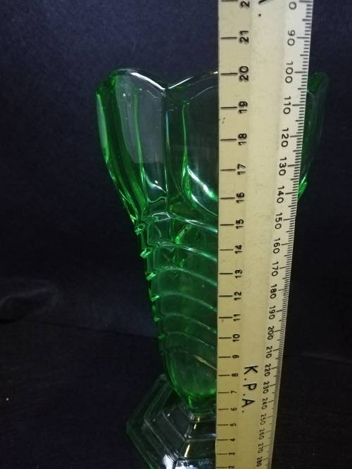 Art Deco green Uranium glass vase Chevron design