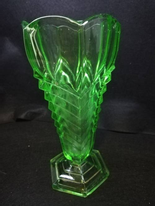Art Deco green Uranium glass vase Chevron design