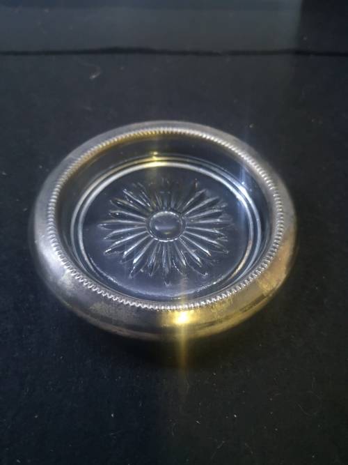 Silver plate and glass coasters