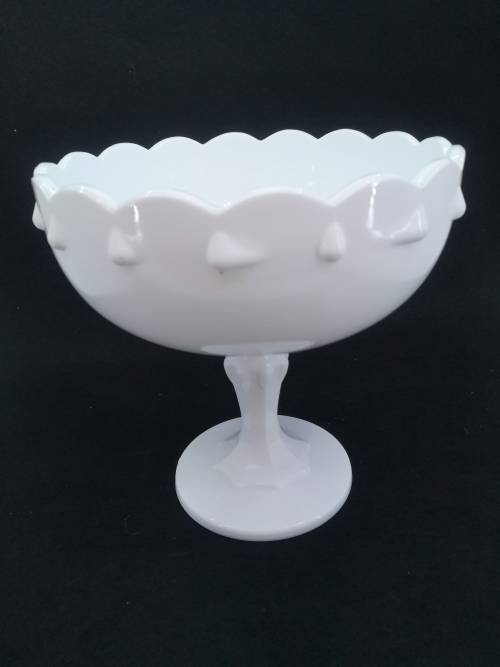 Vintage Indiana Glass Pedestal Bowl, Milk Glass Compote, Tear Drop- has a crack but still so pretty!