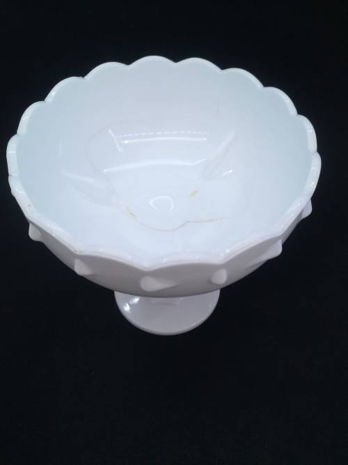 Vintage Indiana Glass Pedestal Bowl, Milk Glass Compote, Tear Drop- has a crack but still so pretty!