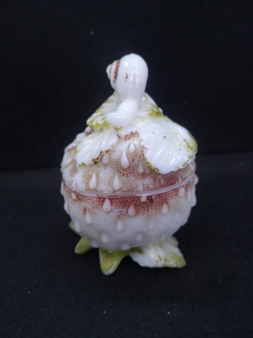 Vallerysthal Milk Glass Box Strawberry w Snail Painted France Antique