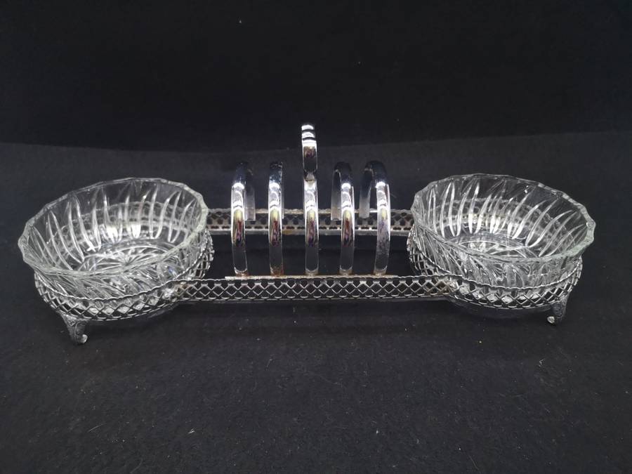 Vintage condiment and toast serving set with 2 glass bowls