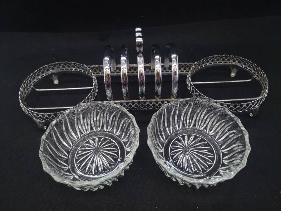 Vintage condiment and toast serving set with 2 glass bowls