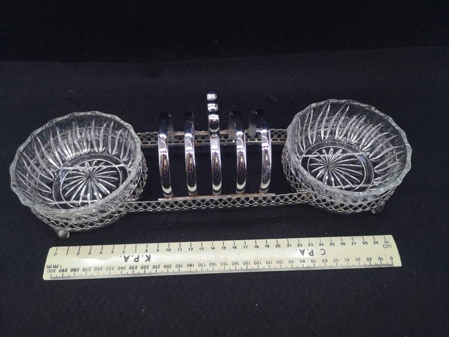 Vintage condiment and toast serving set with 2 glass bowls