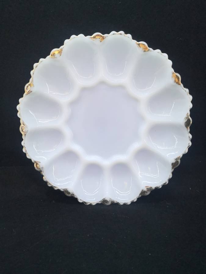 Milk glass devilled egg plate - lots of gold loss