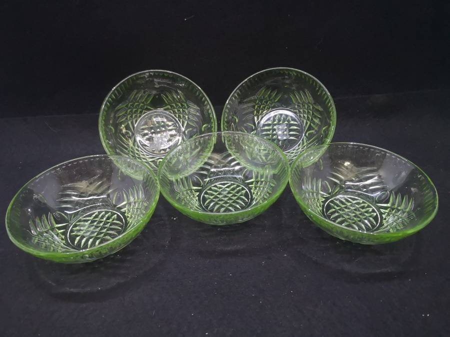 Set of 5 green glass serving bowls