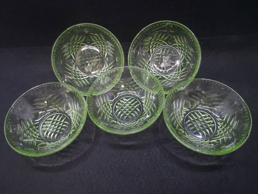 Set of 5 green glass serving bowls