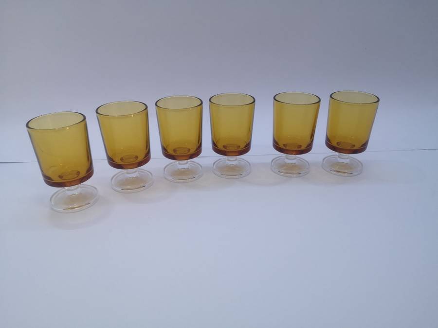 Luminarc footed Amber shot/sherry glasses - please note one chip