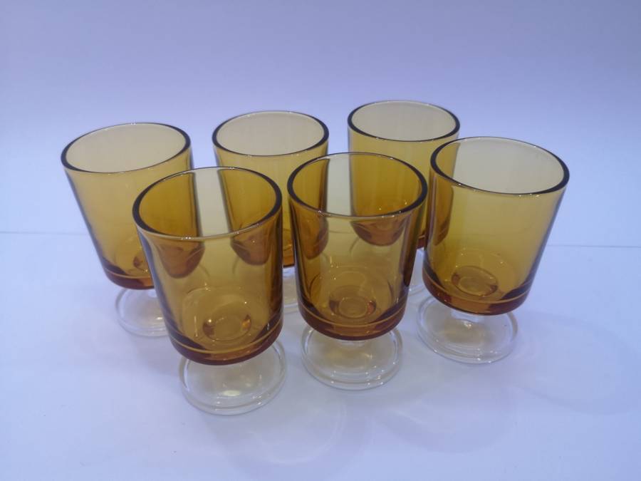 Luminarc footed Amber shot/sherry glasses - please note one chip