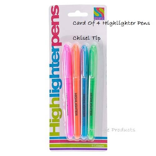 STATIONERY OFFICE SUPPLIES - Card Of 4 Highlighter Pens Chisel Tip