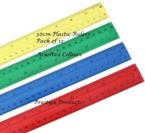STATIONERY OFFICE SCHOOL SUPPLIES - 30cm Plastic Ruler Pack of 12  Assorted Colours