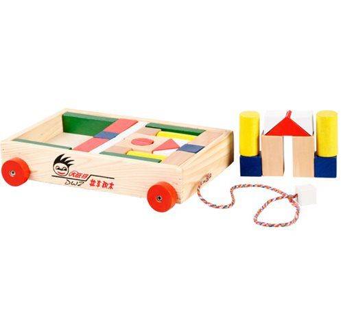 TODDLER PULL TOY - 1 X Pull-Along Wagon & Blocks  28x18cm, 32 Pieces