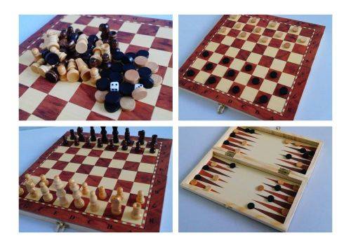 1 X WOODEN 3 In 1 Chess Checkers Backgammon - Wood Pieces
