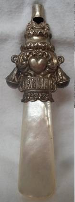 ANTIQUE 1902 VICTORIAN SILVER & MOTHER OF PEARL BABY RATTLE - NANNY'S WHISTLE