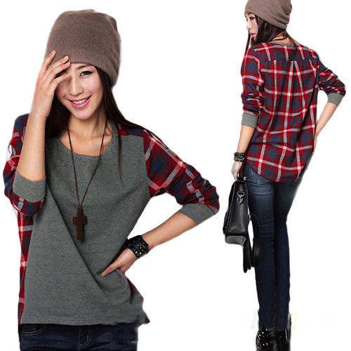 Long Sleeve Round Neck Plaid Sweatshirt [Large]