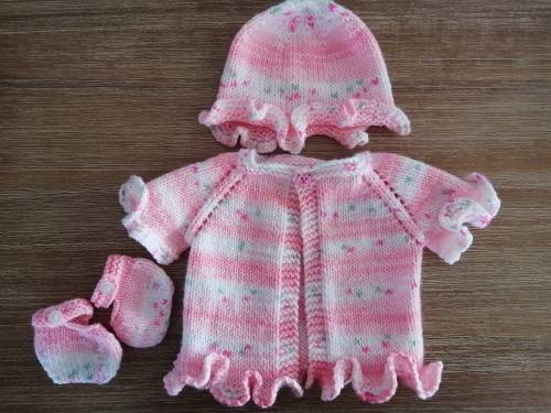 Pink / White Set (Cardigan, Hat and Booties)