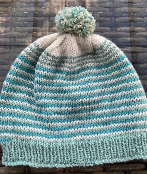 Hand Knitted Beanie (Shades of Cream, Turquoise and Green)