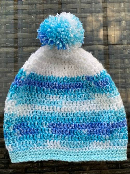 Crocheted Turquoise & White Beanie with Pompom