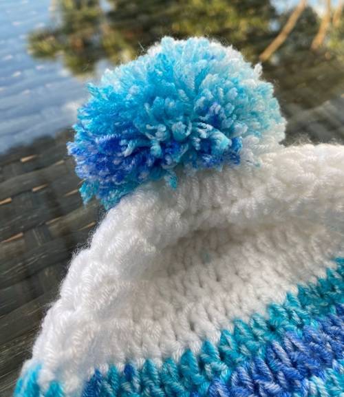 Crocheted Turquoise & White Beanie with Pompom