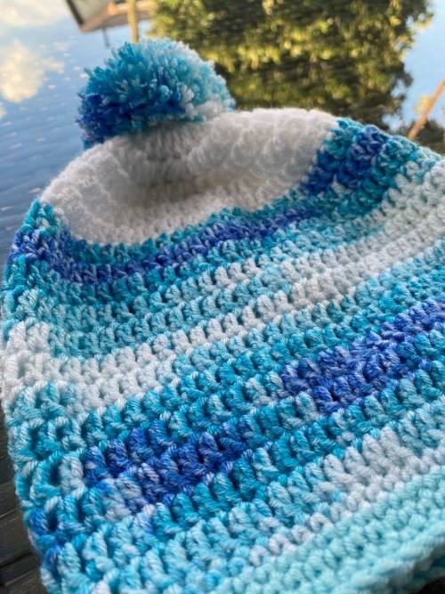 Crocheted Turquoise & White Beanie with Pompom