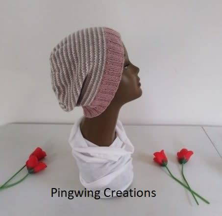 Beanie Slouchy (Pink, Grey & Cream Stripes) Hand Knitted