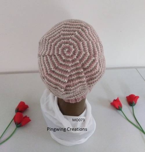 Beanie Slouchy (Pink, Grey & Cream Stripes) Hand Knitted