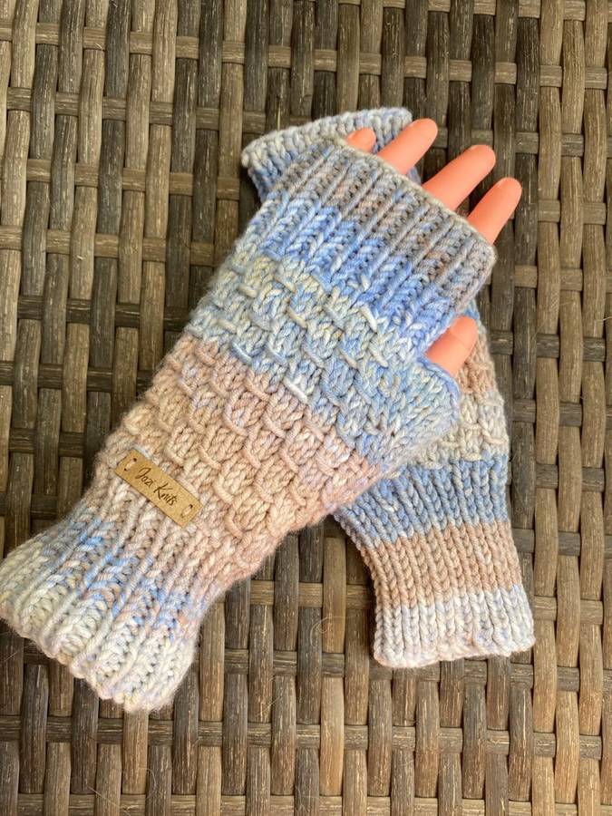 Fingerless Gloves (Blue) Hand Knitted
