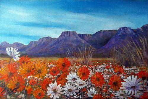 Namakwaland daisies - 400x600mm - original acrylic by SA Artist Helena Kruger