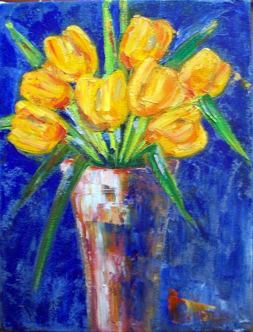 Yellow  Tulips  -  240x300x69mm -  oil on blocked canvas - by Helena Kruger