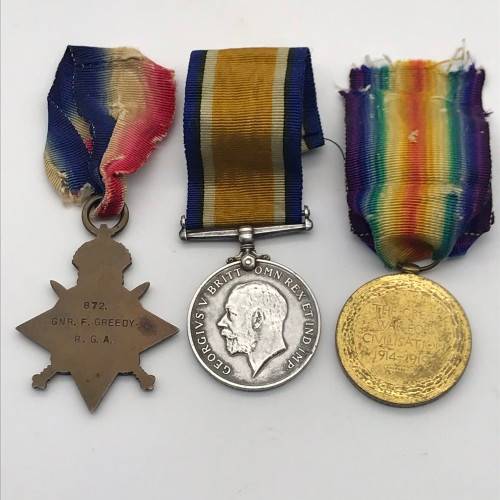 WW1 Medal Trio - `GNR. F. GREEDY` - `R.G.A. and R.A.` (SR - 872)