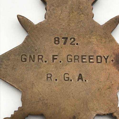 WW1 Medal Trio - `GNR. F. GREEDY` - `R.G.A. and R.A.` (SR - 872)