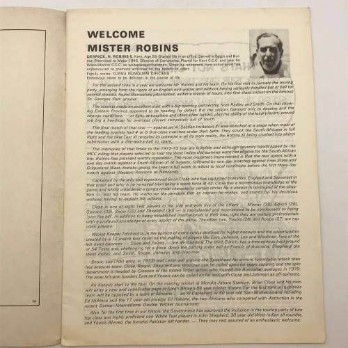 Cricket - Signed `1973 Derrick Robins XI v S.A. Invitation XI` Brochure