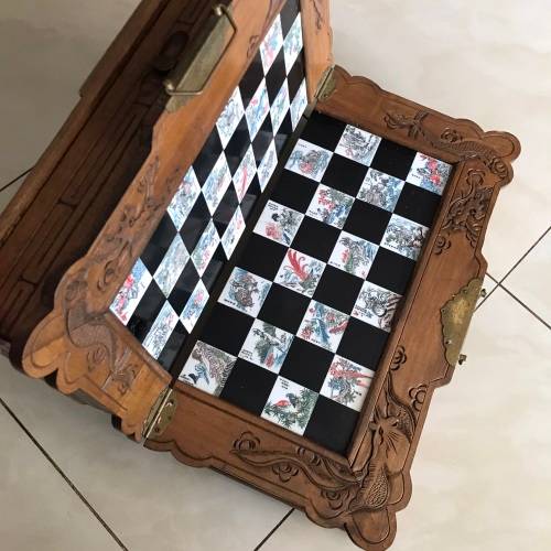 Vintage Oriental Wood Carved Chess Board/Case (Folding with Draws)