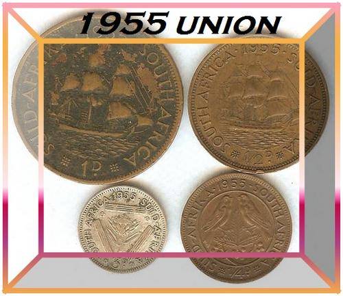 1955 SA UNION 1d PENNY, 1/2d HALF PENNY, 1/4d FARTHING AND 3d THREE PENCE