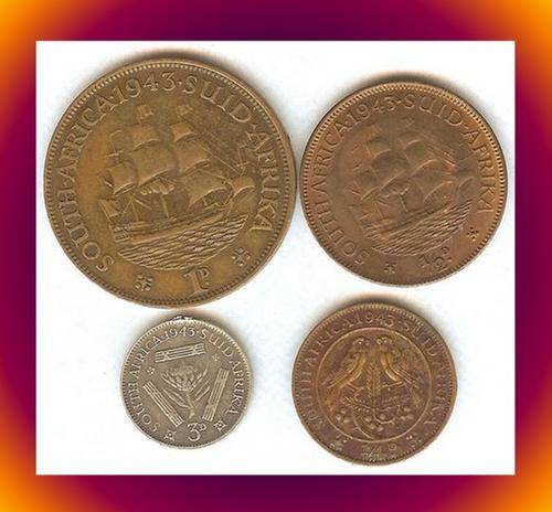 1943 SA UNION 1d PENNY, 1/2d HALF PENNY, 1/4d FARTHING AND 3d THREE PENCE