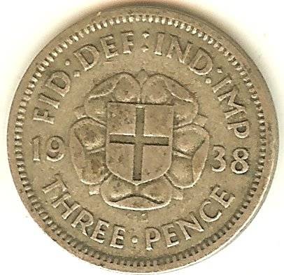 1938 3d Three Pence ** George VI ** .50 Silver ** Great Britain ** As per scan