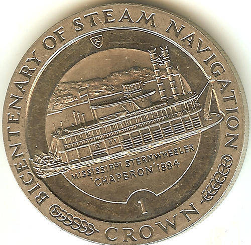 1988 1 Crown * Isle of Man * Steam Navigation * Elizabeth II * Missisipi Sternwheeler **As per scan