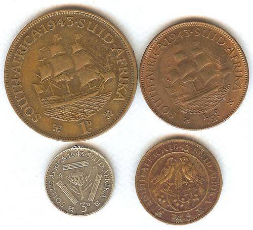 1943 SA UNION PENNY, HALF PENNY, FARTHING AND THREE PENCE