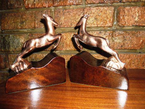 Fabulous Vintage Copper and Wood Springbok Book Ends!!