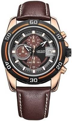 MEGIR Men's Brown/Black Leather Stainless Steel Chronograph Watches - 3 Style Options