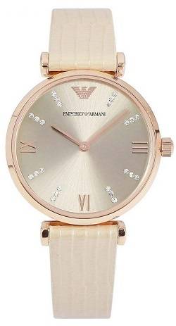 ## STYLISH !! ## Emporio Armani Woman's Grey Dial Beige Leather Watch - ELEGANT !!