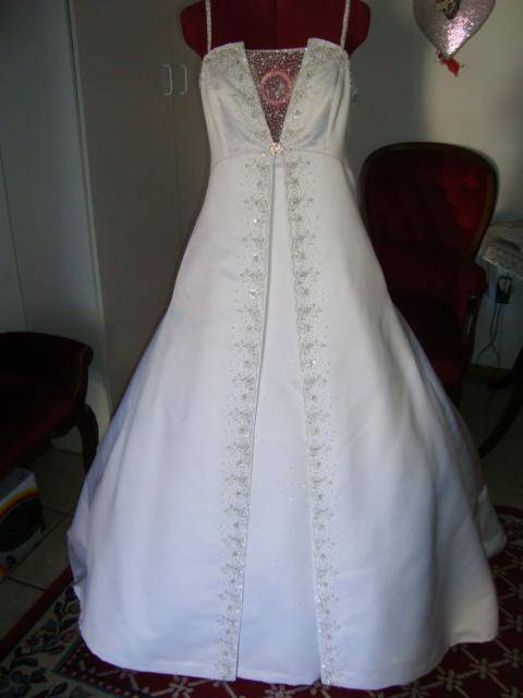 Lovely white satin WEDDING DRESS with pearls and silver beads - size 34